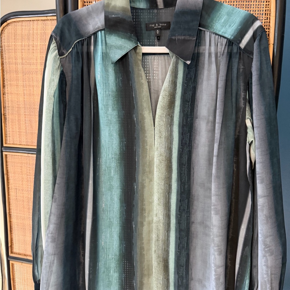 rag & bone Vertical Stripe Sheer Button-Down in Teal and Gray